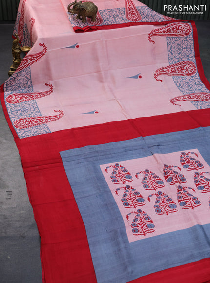 Bishnupuri silk saree peach pink and red with butta prints and printed border