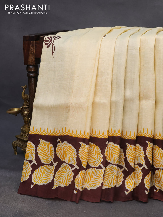 Bishnupuri silk saree cream and brown with butta prints and printed border