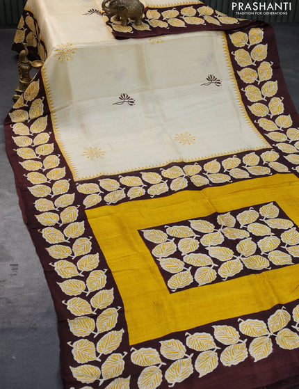 Bishnupuri silk saree cream and brown with butta prints and printed border