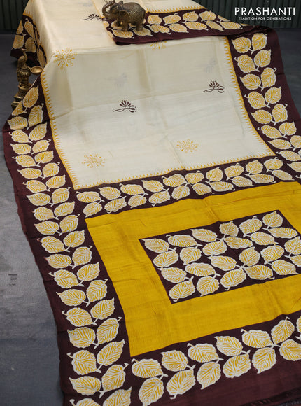 Bishnupuri silk saree cream and brown with butta prints and printed border