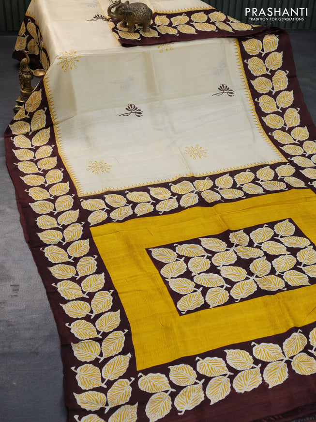 Bishnupuri silk saree cream and brown with butta prints and printed border