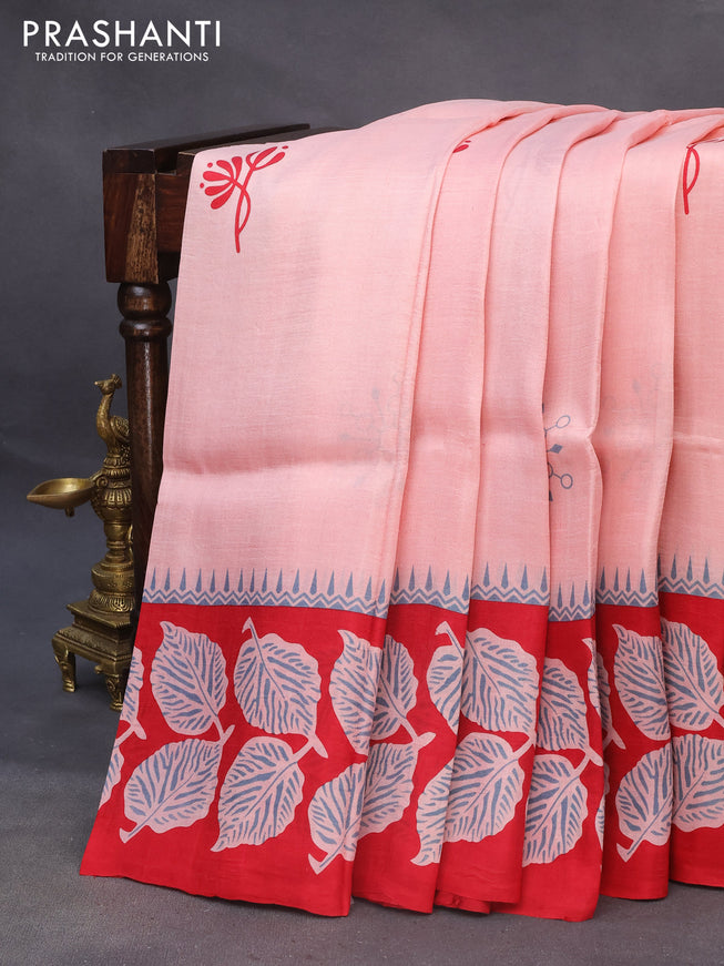 Bishnupuri silk saree peach pink and red with butta prints and printed border