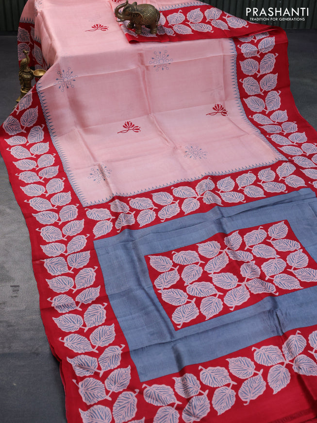 Bishnupuri silk saree peach pink and red with butta prints and printed border