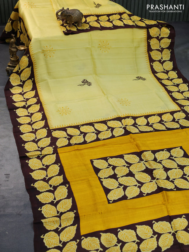 Bishnupuri silk saree yellow and brown with butta prints and printed border