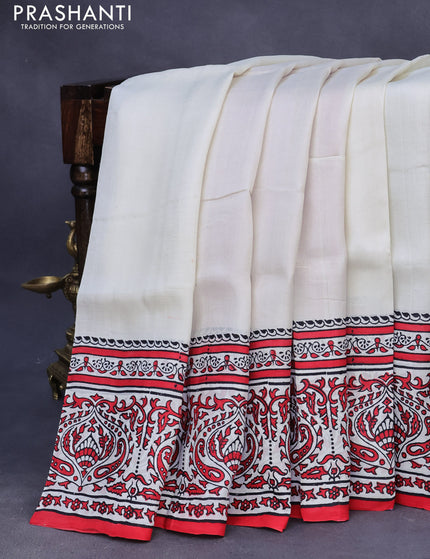 Bishnupuri silk saree off white and red with plain body and printed border