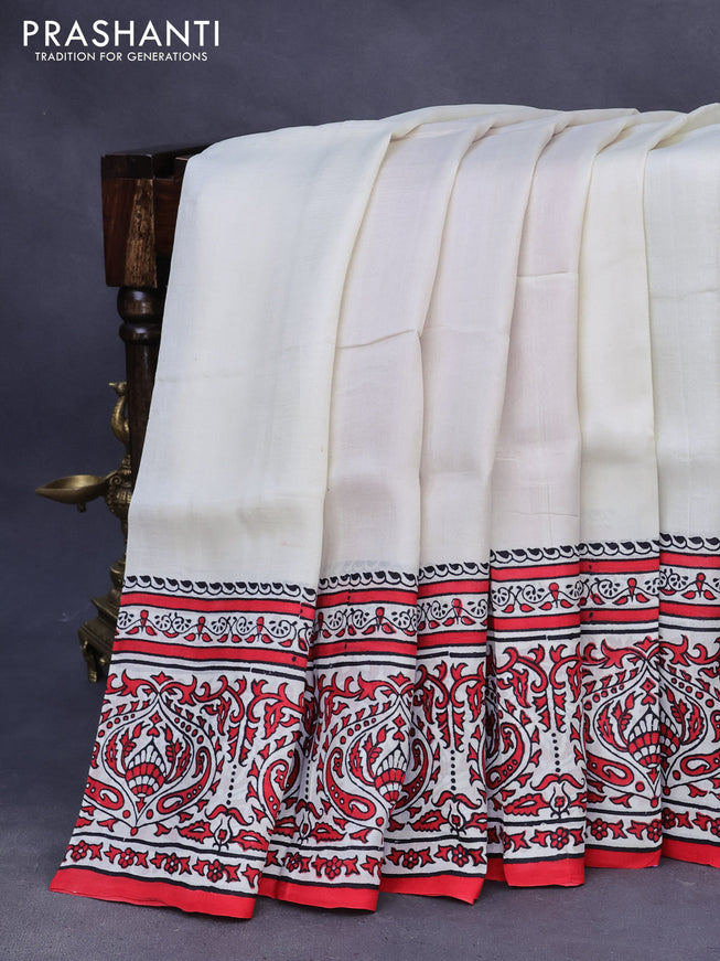 Bishnupuri silk saree off white and red with plain body and printed border