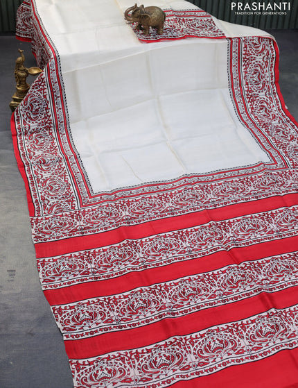 Bishnupuri silk saree off white and red with plain body and printed border