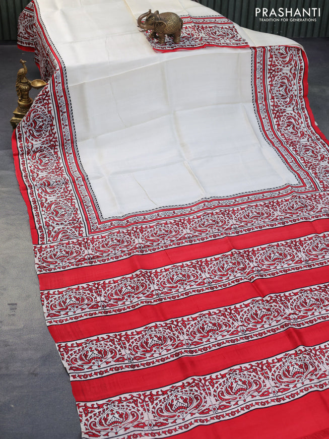 Bishnupuri silk saree off white and red with plain body and printed border