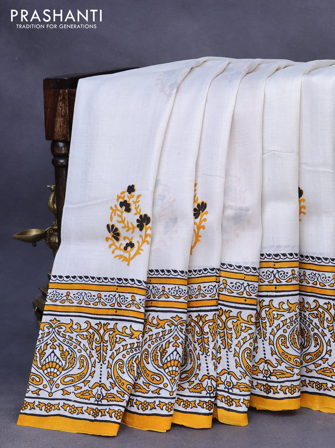 Bishnupuri silk saree off white and mustard yellow with plain body and printed border