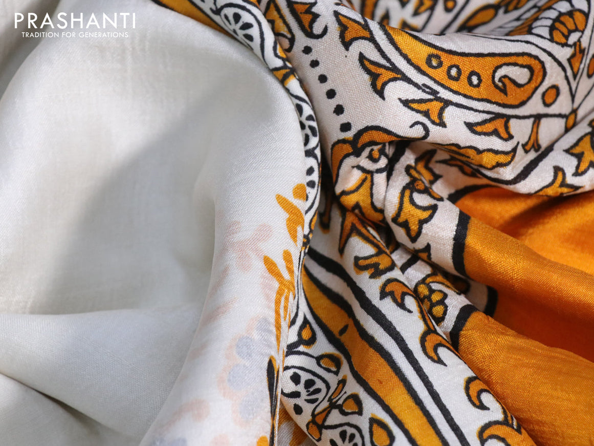 Bishnupuri silk saree off white and mustard yellow with plain body and printed border