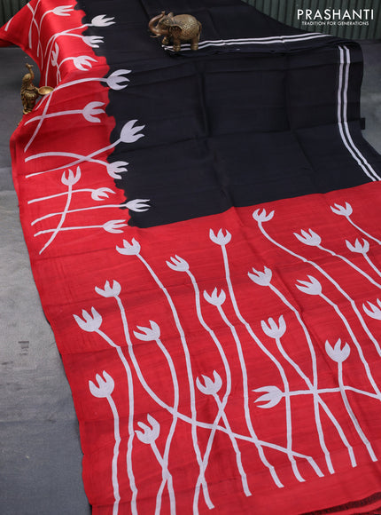 Bishnupuri silk saree black and red with plain body and printed border