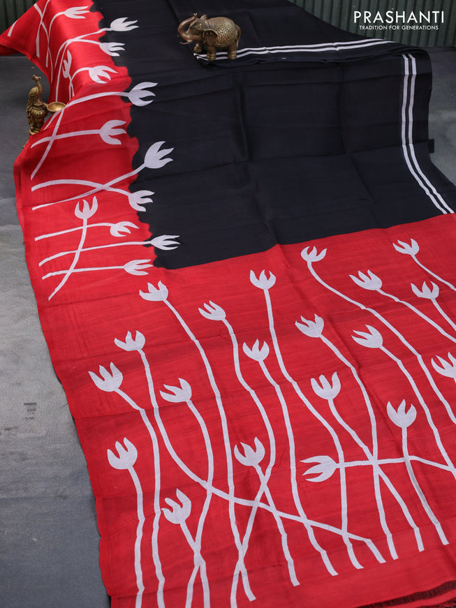 Bishnupuri silk saree black and red with plain body and printed border