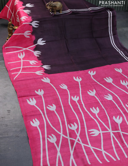 Bishnupuri silk saree deep wine shade and pink with plain body and printed border