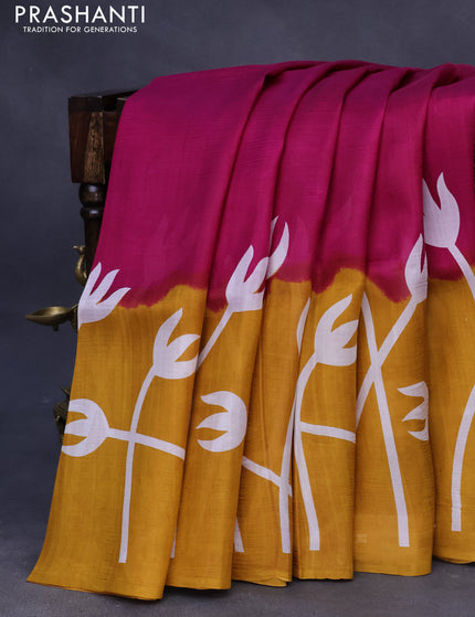 Bishnupuri silk saree dark magenta pink and mustard yellow with plain body and printed border