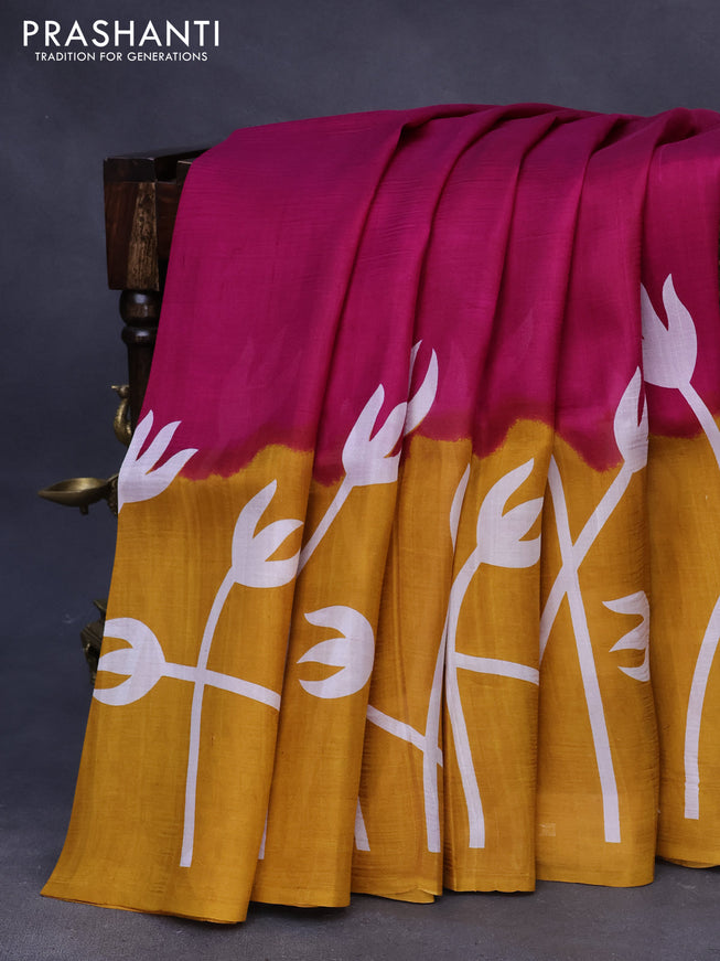 Bishnupuri silk saree dark magenta pink and mustard yellow with plain body and printed border