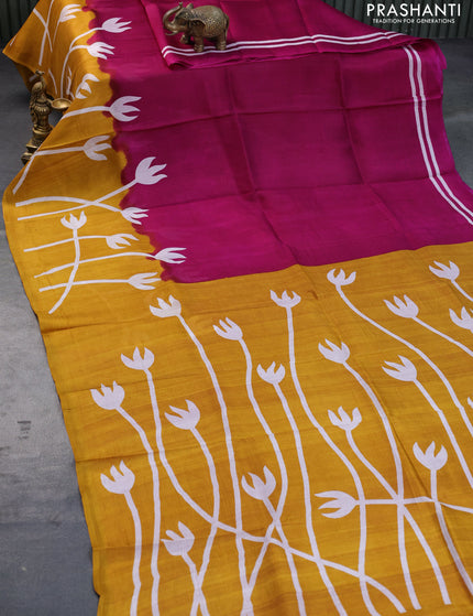 Bishnupuri silk saree dark magenta pink and mustard yellow with plain body and printed border