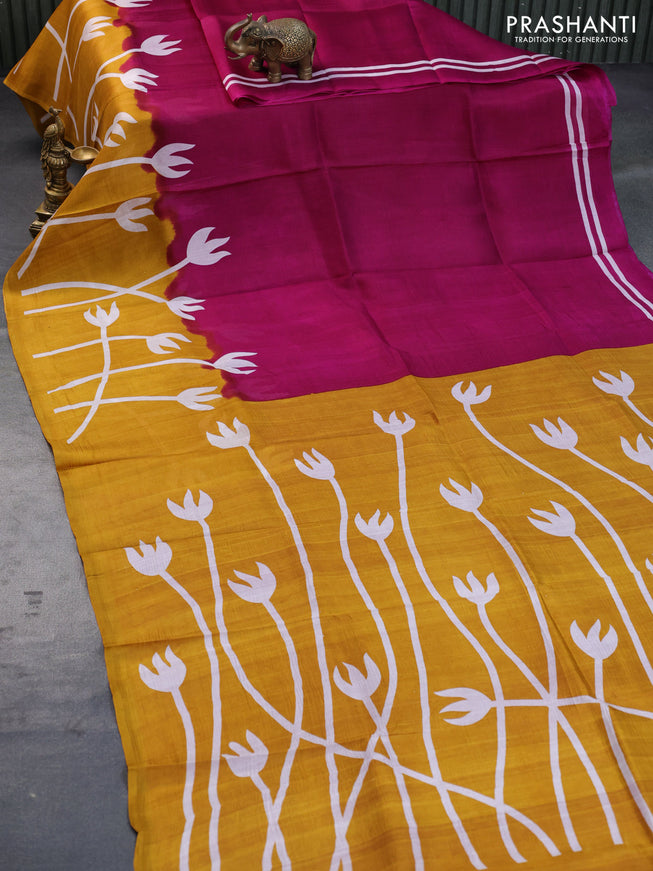 Bishnupuri silk saree dark magenta pink and mustard yellow with plain body and printed border