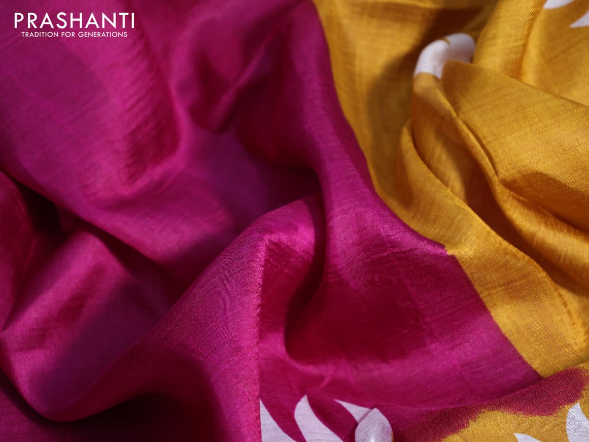 Bishnupuri silk saree dark magenta pink and mustard yellow with plain body and printed border