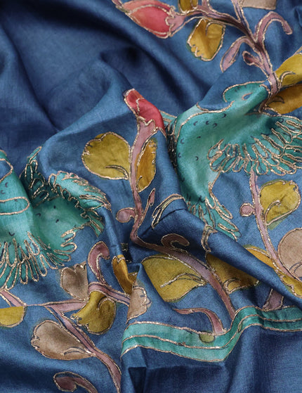 Tussar hand painted blouse bit blue with allover kalamkari prints & pita work