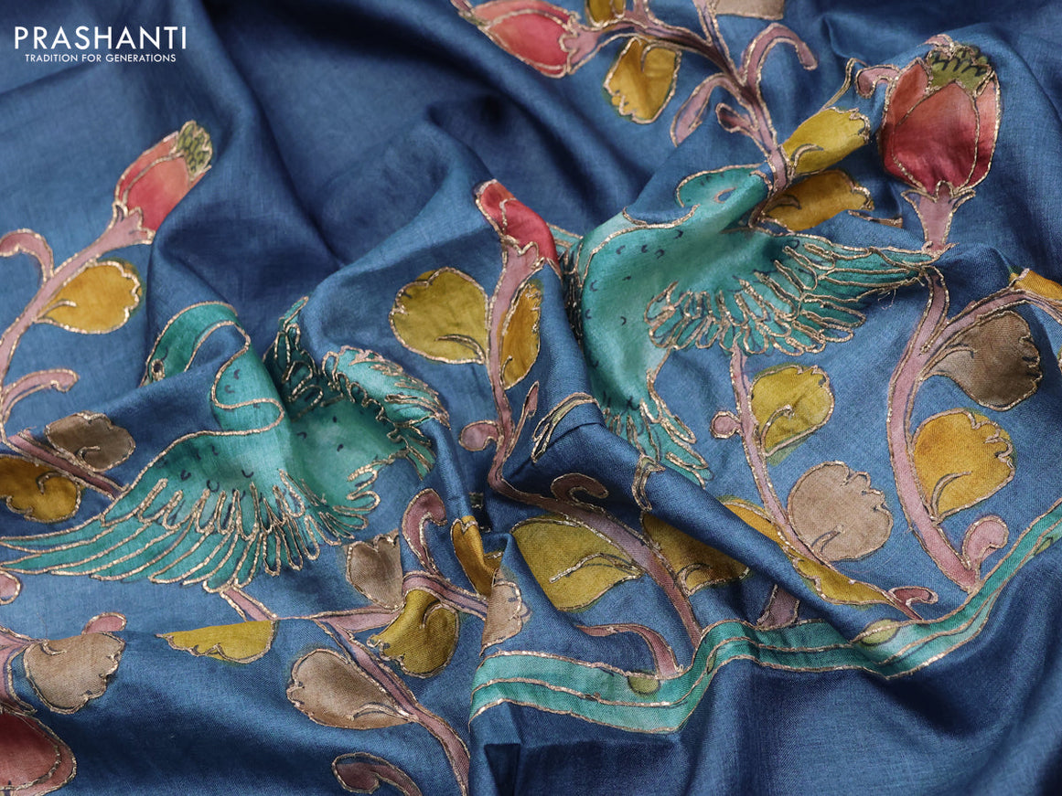 Tussar hand painted blouse bit blue with allover kalamkari prints & pita work