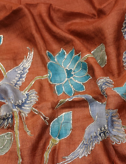 Tussar hand painted blouse bit rustic shade with allover kalamkari prints & pita work