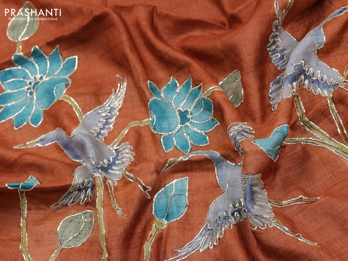 Tussar hand painted blouse bit rustic shade with allover kalamkari prints & pita work