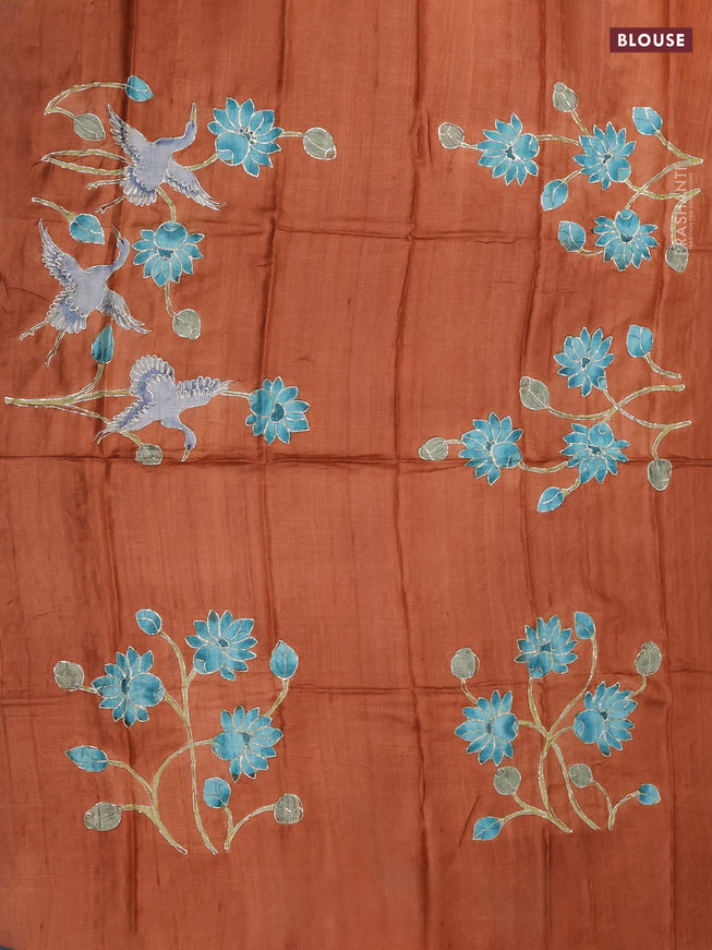 Tussar hand painted blouse bit rustic shade with allover kalamkari prints & pita work