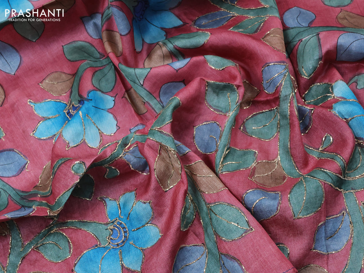 Tussar hand painted blouse bit maroon shade with allover kalamkari prints & pita work