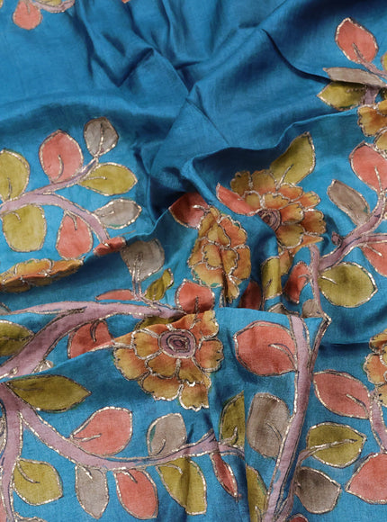 Tussar hand painted blouse bit cs blue with allover kalamkari prints & pita work