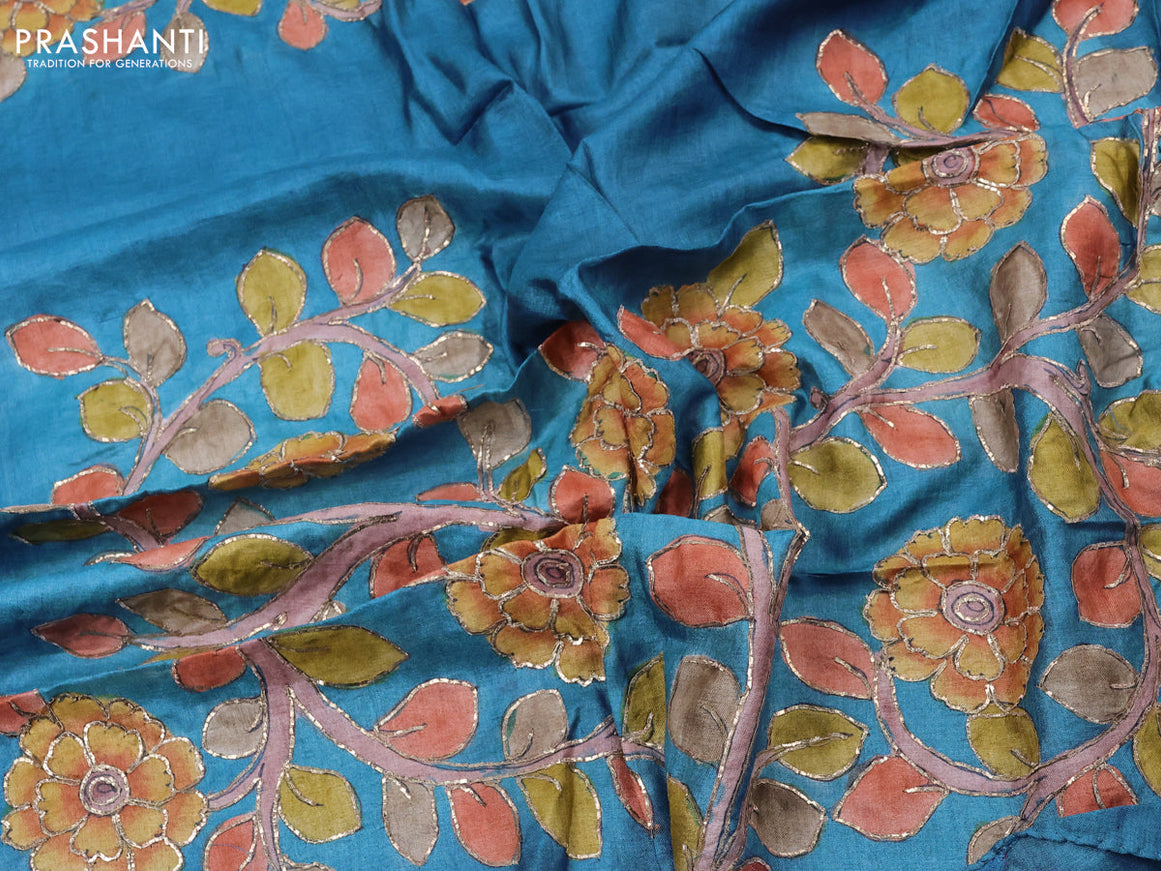 Tussar hand painted blouse bit cs blue with allover kalamkari prints & pita work