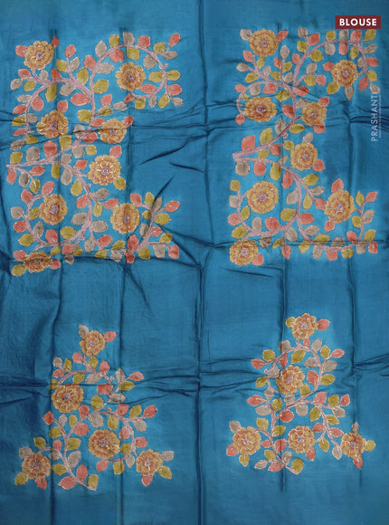 Tussar hand painted blouse bit cs blue with allover kalamkari prints & pita work