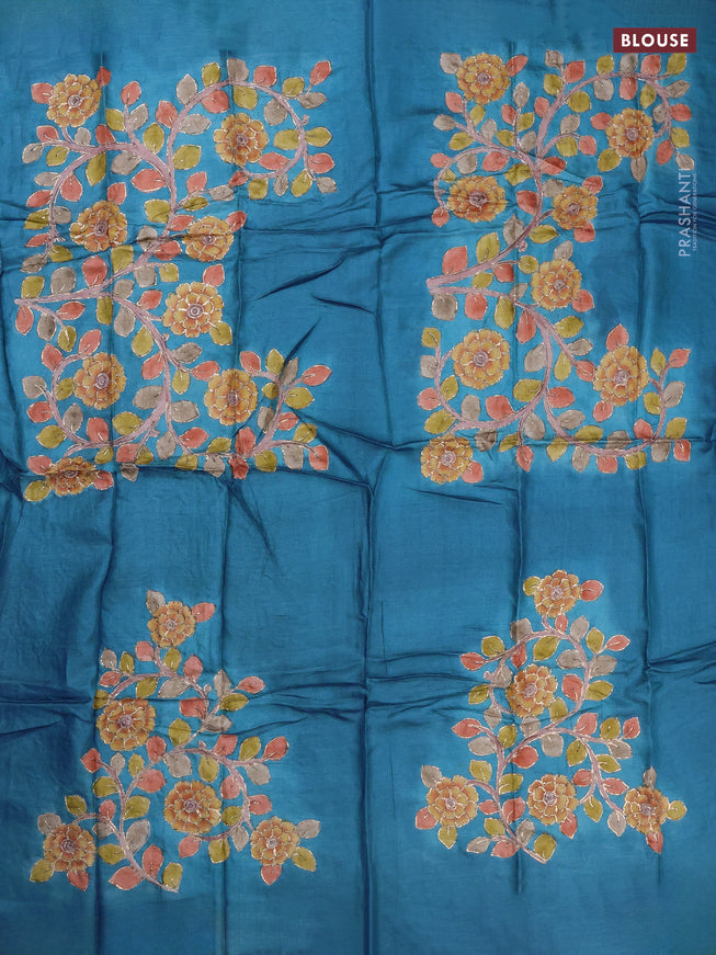 Tussar hand painted blouse bit cs blue with allover kalamkari prints & pita work