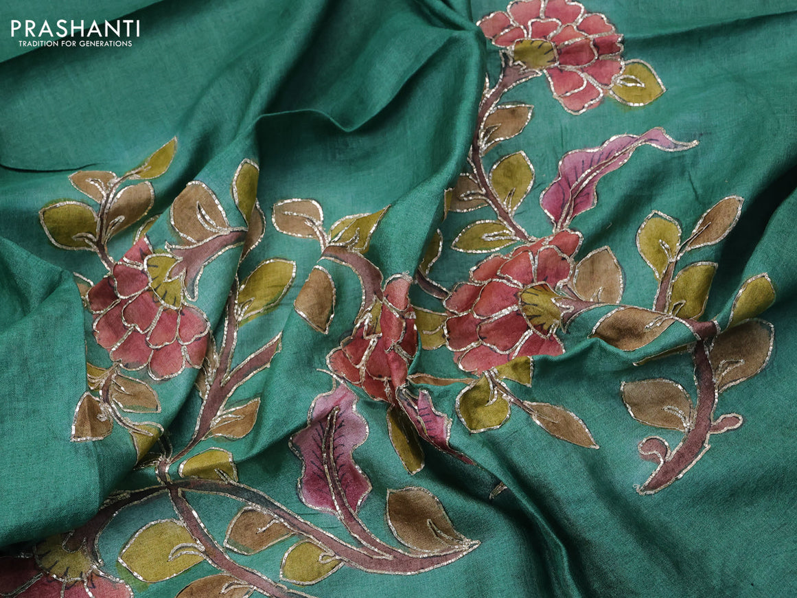 Tussar hand painted blouse bit green with allover kalamkari prints & pita work