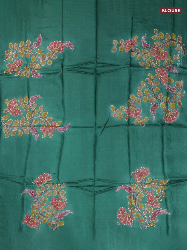 Tussar hand painted blouse bit green with allover kalamkari prints & pita work