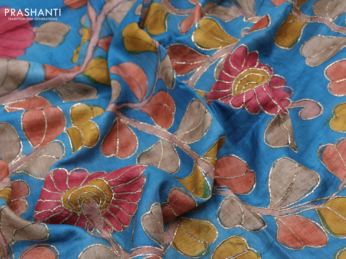 Tussar hand painted blouse bit cs blue with allover kalamkari prints & pita work