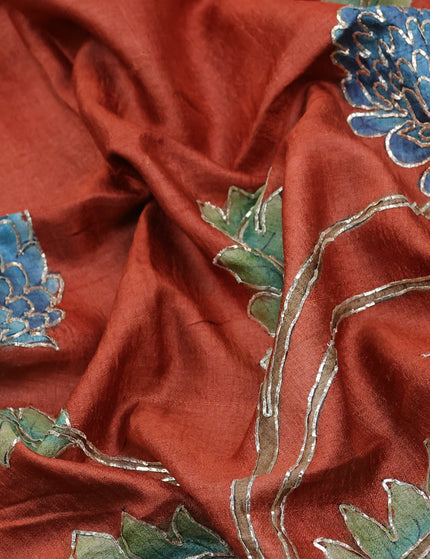 Tussar hand painted blouse bit orange with allover kalamkari prints & pita work