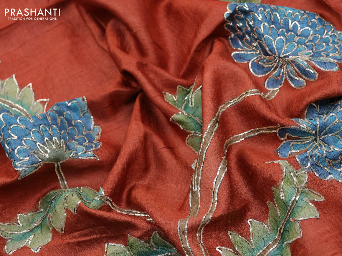 Tussar hand painted blouse bit orange with allover kalamkari prints & pita work