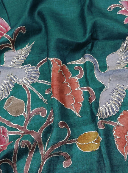 Tussar hand painted blouse bit peacock green with allover kalamkari prints & pita work