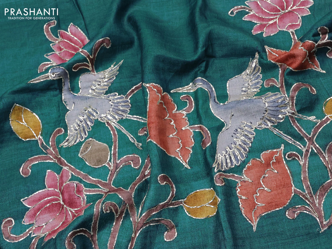 Tussar hand painted blouse bit peacock green with allover kalamkari prints & pita work