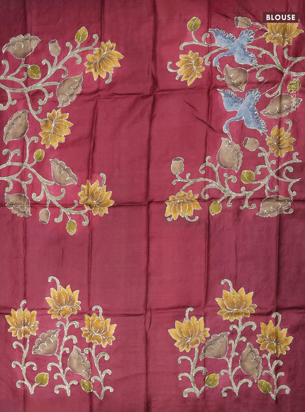 Tussar hand painted blouse bit maroon with allover kalamkari prints & pita work