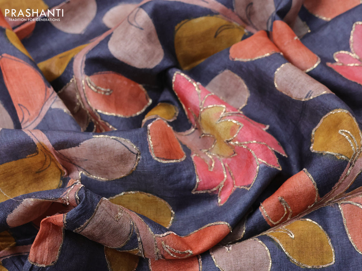 Tussar hand painted blouse bit elephant grey with allover kalamkari prints & pita work