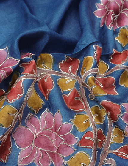 Tussar hand painted blouse bit blue with allover kalamkari prints & pita work