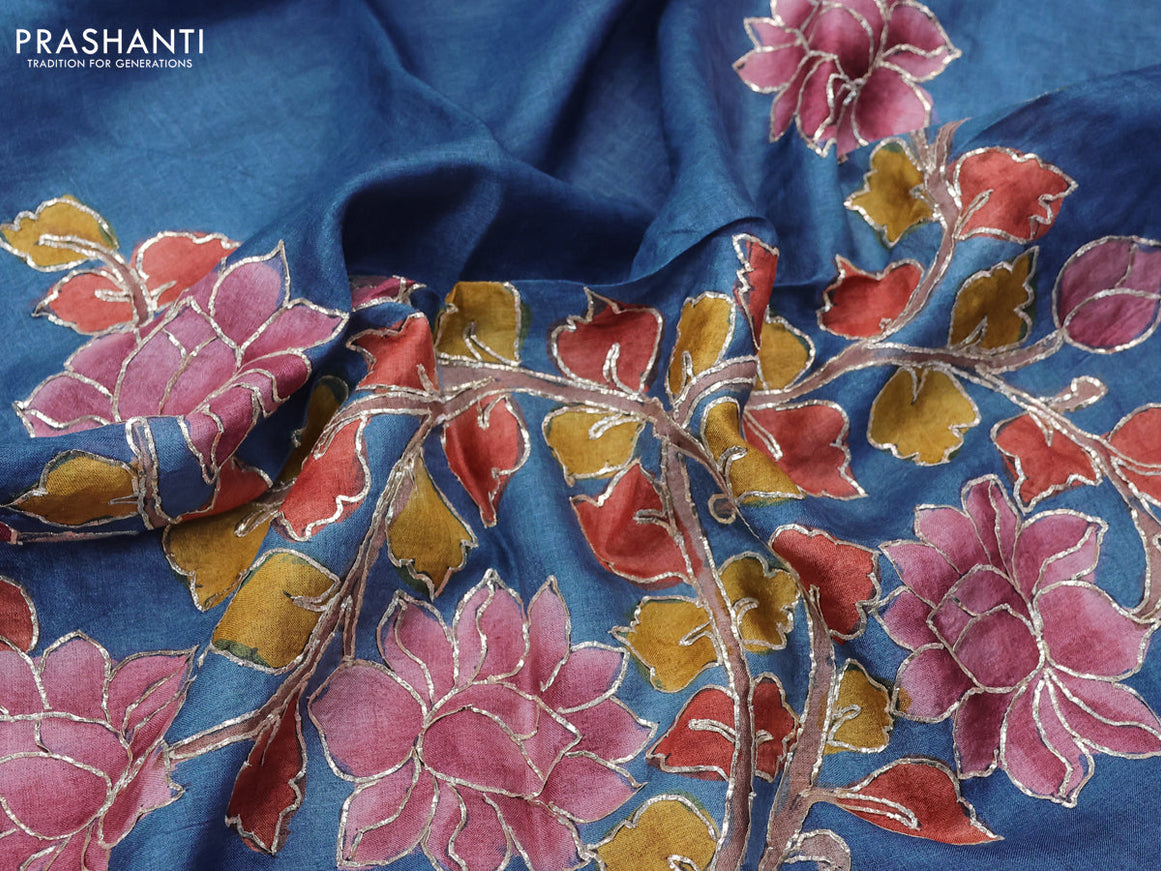 Tussar hand painted blouse bit blue with allover kalamkari prints & pita work