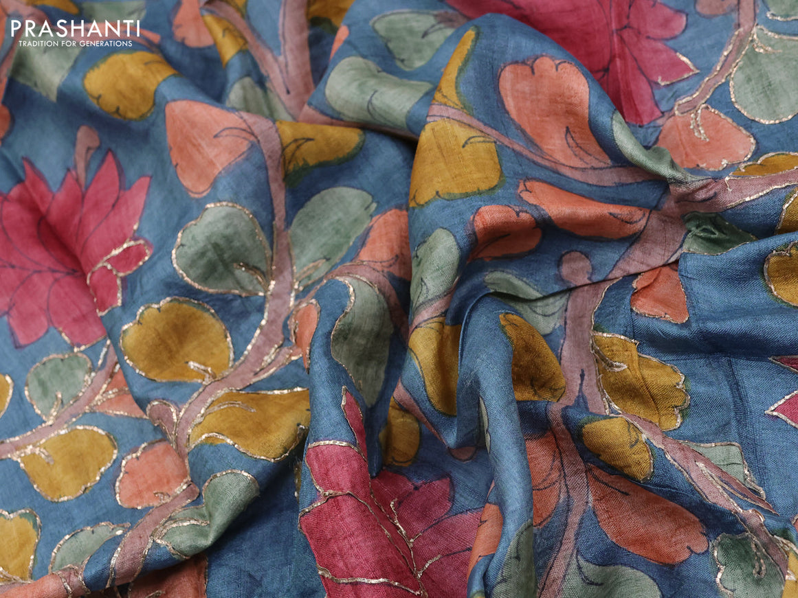 Tussar hand painted blouse bit blue shade with allover kalamkari prints & pita work