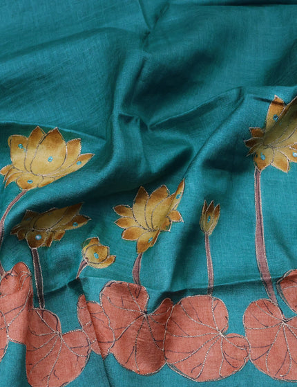 Tussar hand painted blouse bit teal blue with pichwai prints & mirror pita work