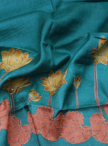 Tussar hand painted blouse bit teal blue with pichwai prints & mirror pita work