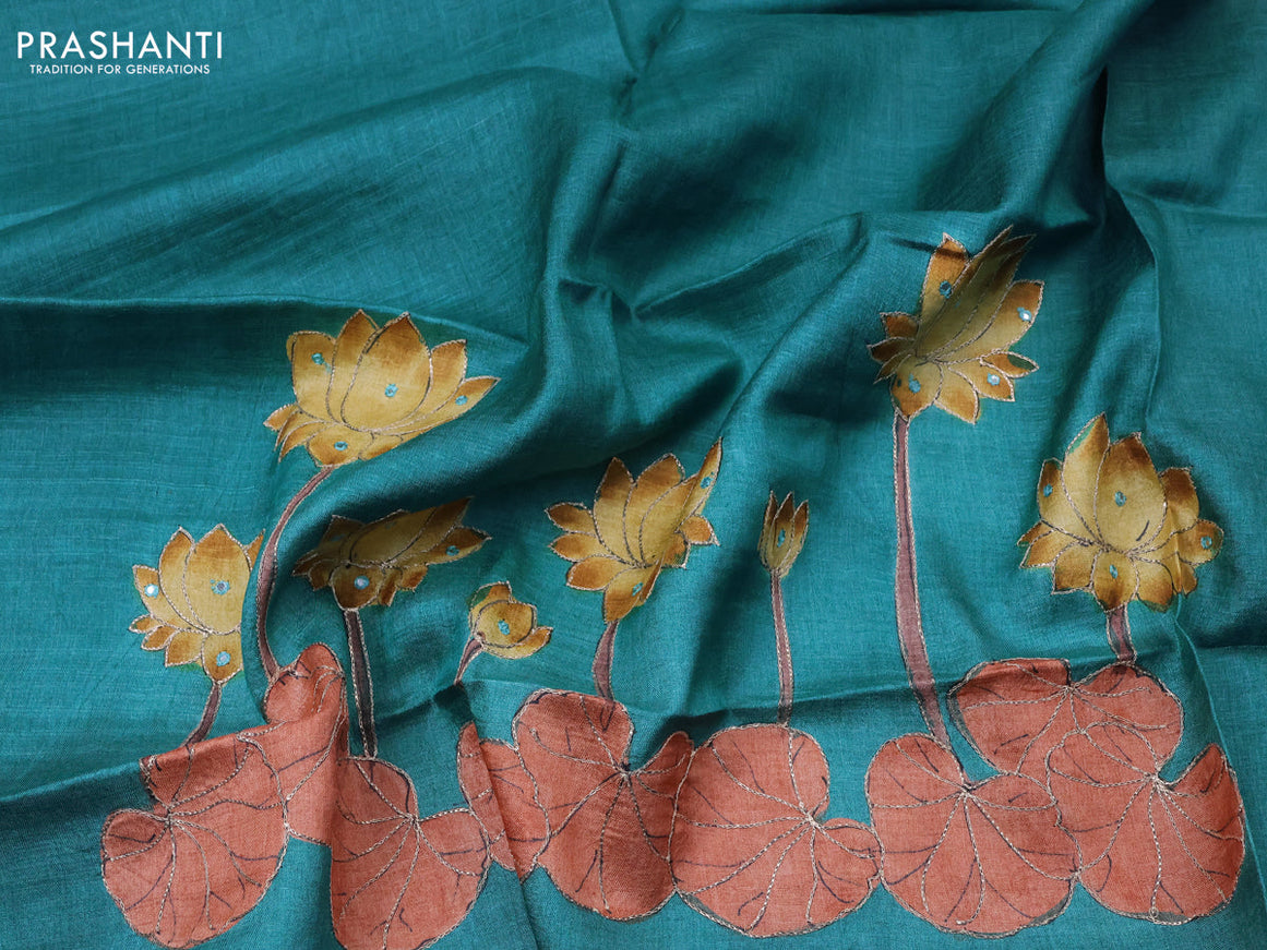 Tussar hand painted blouse bit teal blue with pichwai prints & mirror pita work