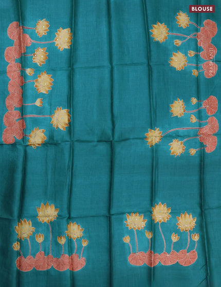 Tussar hand painted blouse bit teal blue with pichwai prints & mirror pita work