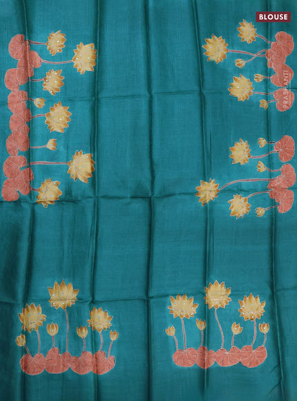 Tussar hand painted blouse bit teal blue with pichwai prints & mirror pita work