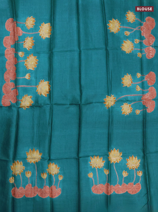 Tussar hand painted blouse bit teal blue with pichwai prints & mirror pita work